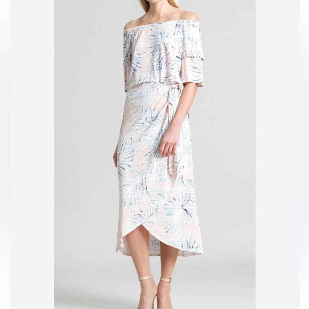 Clara Sun Woo Tropical Palm Leaf Off The Shoulder Blouse & Matching Wrap Skirt